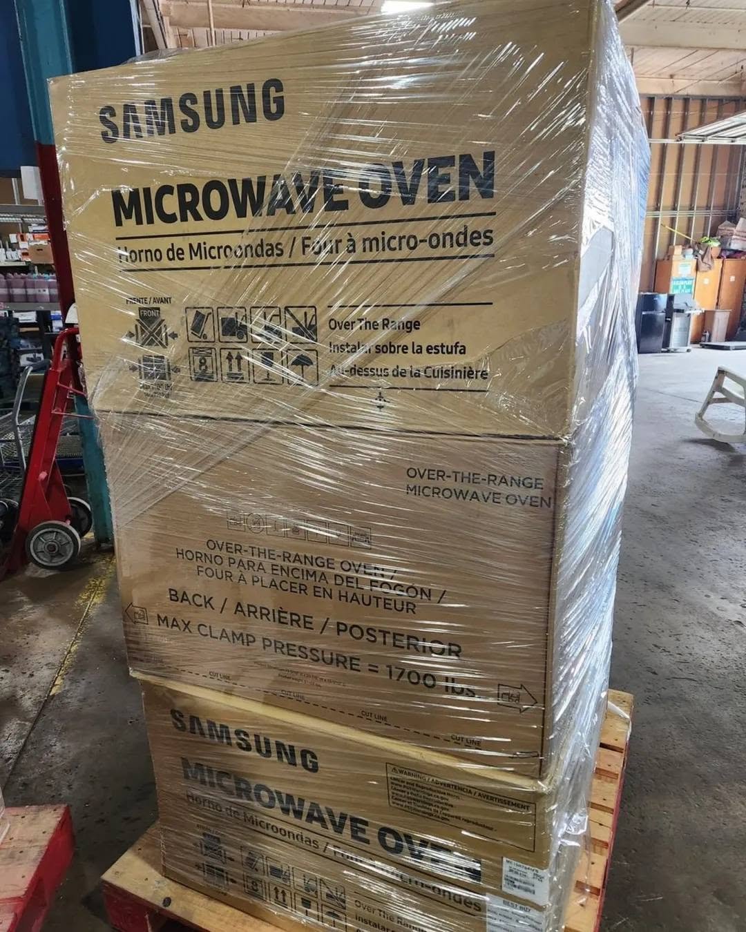 Outdoor equipment cartons stacked on a pallet
