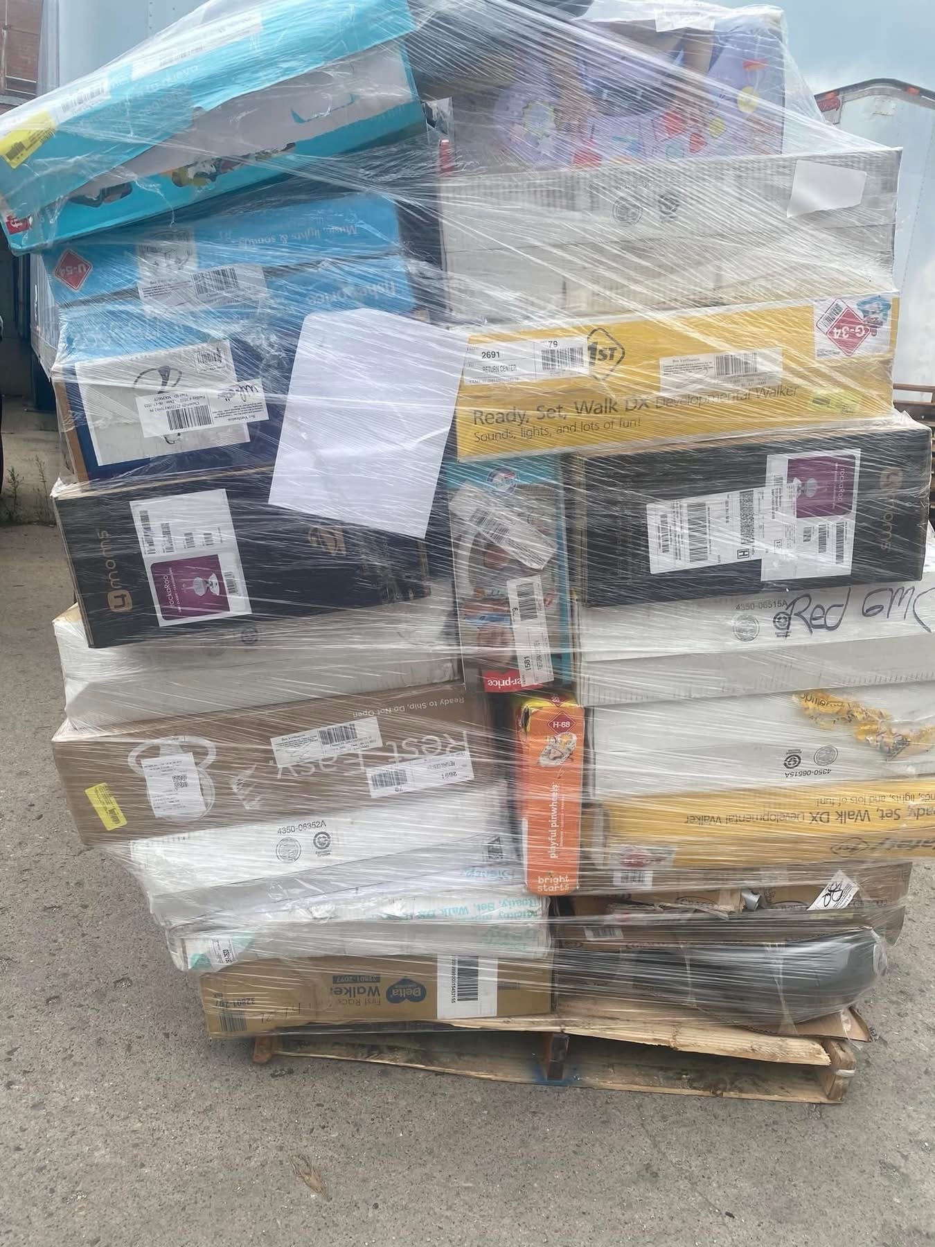 Retail return pallet staged for warehouse pickup
